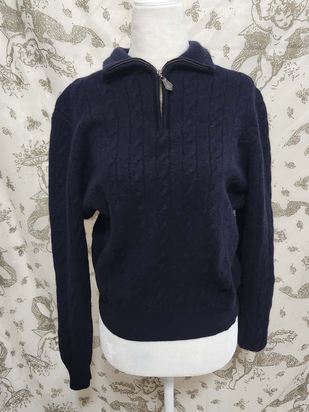 Brooks Brothers Navy Blue Cable-Knit Quarter-Zip Lambswool Sweater - Size L